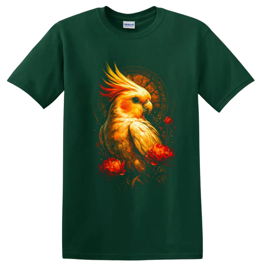 Golden cockatiel portrait with red flowers and textured sunset halo on a Forest Green T Shirt
