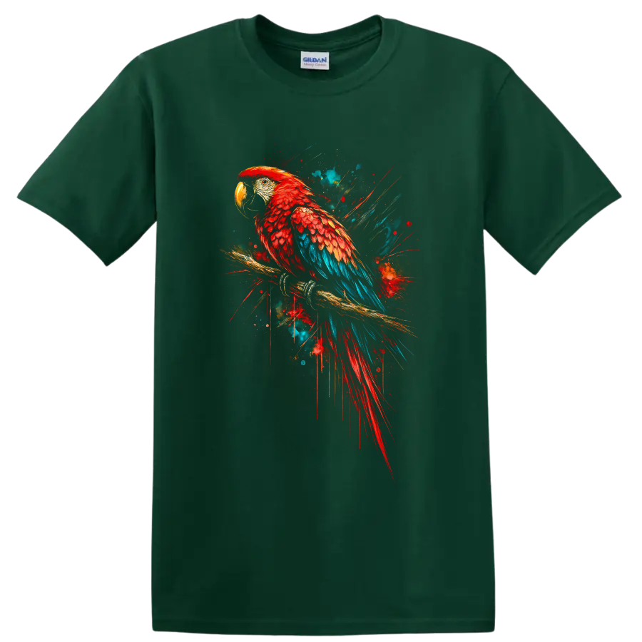 Scarlet macaw parrot on a branch in vibrant red and blue paint splash art on a Forest Green T Shirt