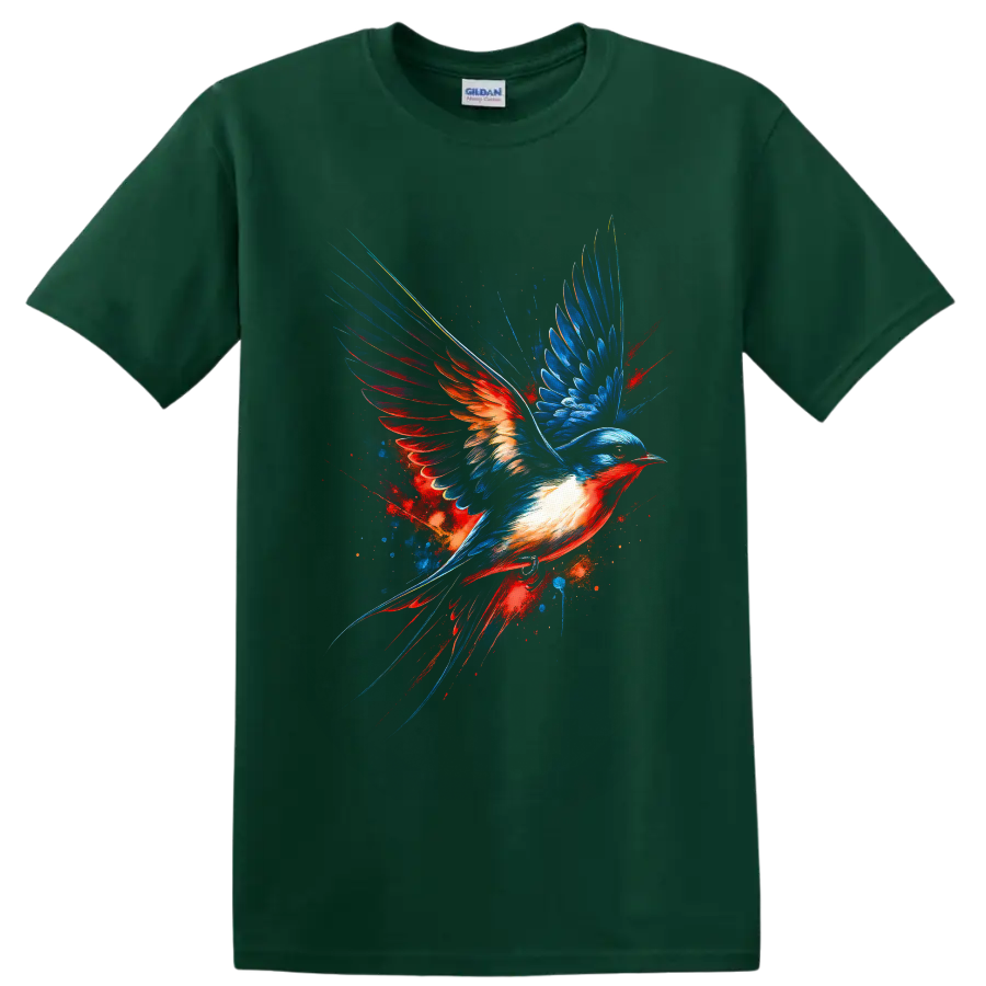 Dynamic artistic swallow in flight with electric blue and fiery red painted wings on a Forest Green T Shirt