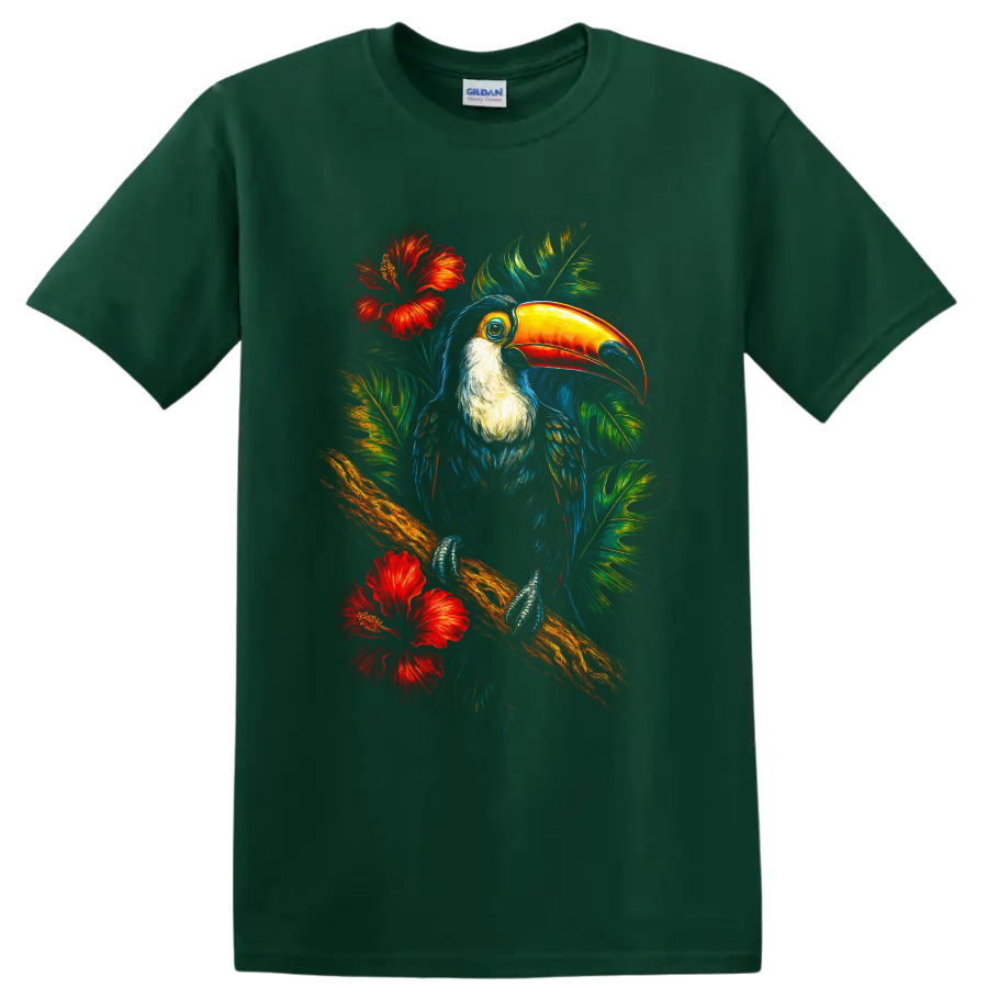 Vibrant painterly toucan on a branch with tropical leaves and red hibiscus flowers on a Forest Green T Shirt