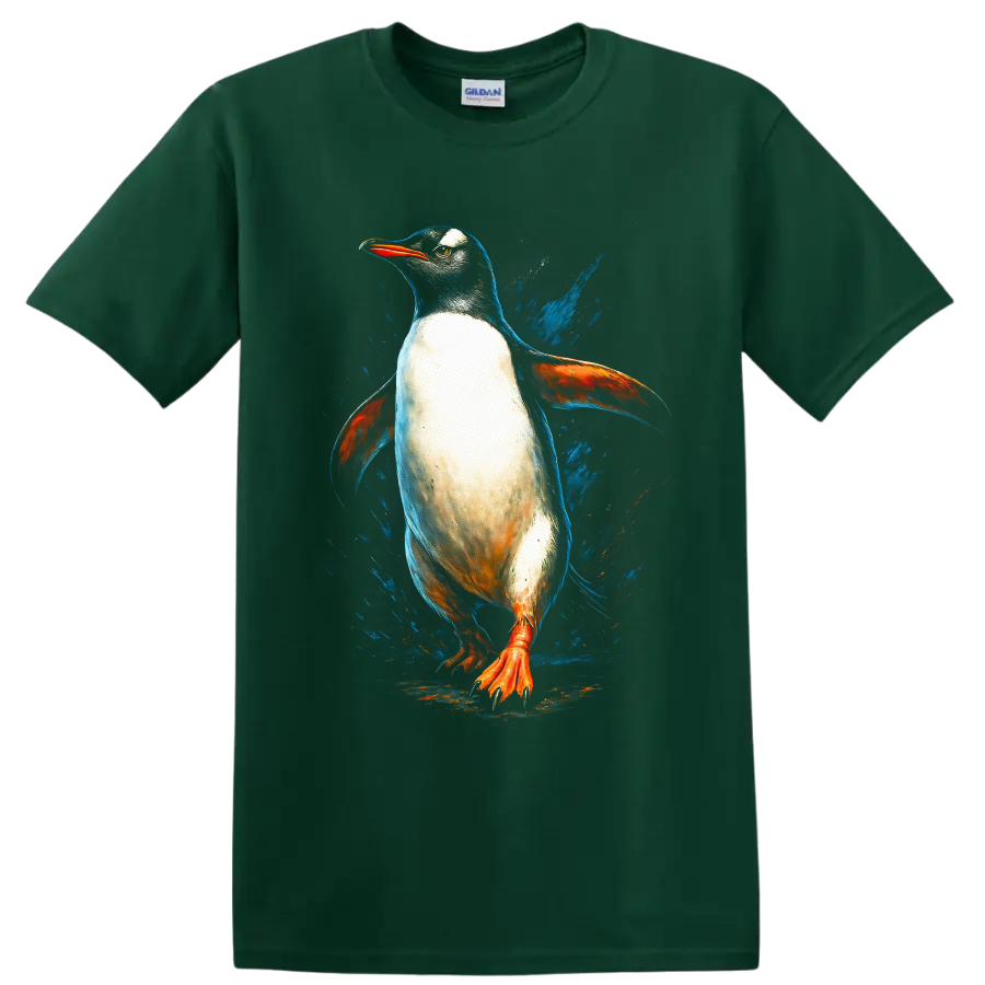 Dynamic Gentoo penguin in colorful painterly wildlife art with blue splashes on a Forest Green T Shirt