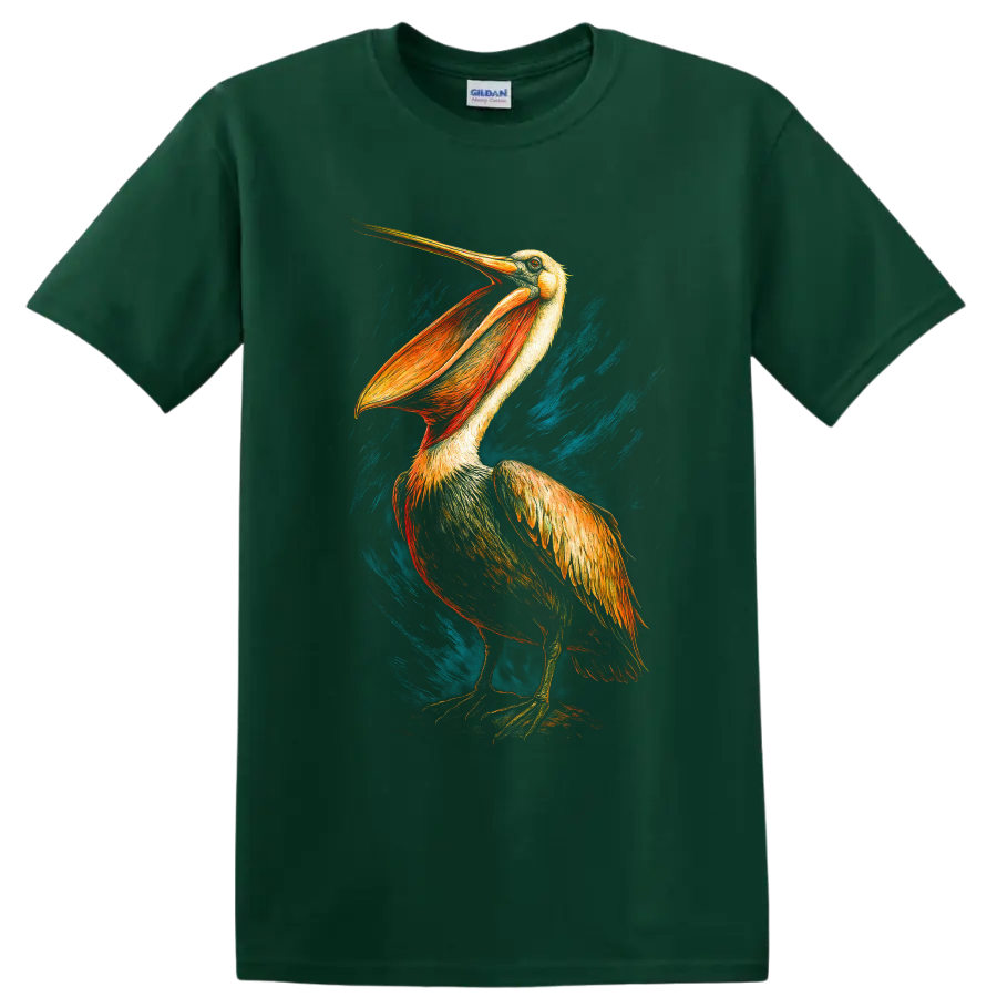 Dramatic hand-drawn pelican with golden feathers and teal coastal brushstrokes on a Forest Green T Shirt