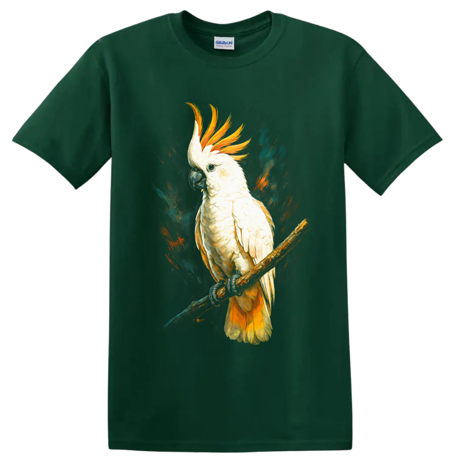 Sulphur-crested cockatoo perched on a branch in dramatic modern wildlife art on a Forest Green T Shirt