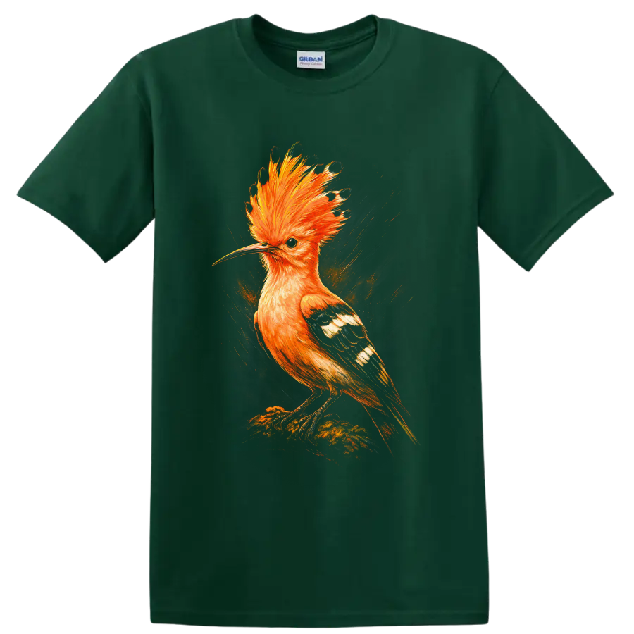 Vibrant artistic hoopoe bird with orange crest, patterned wings, and painterly background on a Forest Green T Shirt