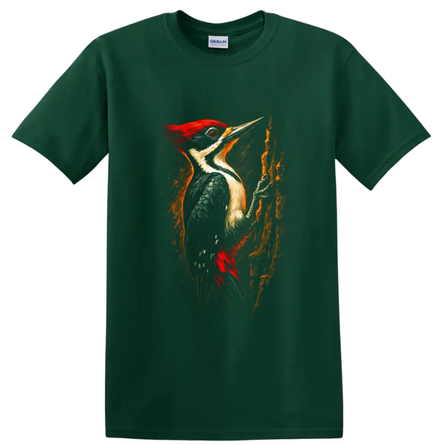 Vibrant painterly pileated woodpecker perched on textured tree bark on a Forest Green T Shirt