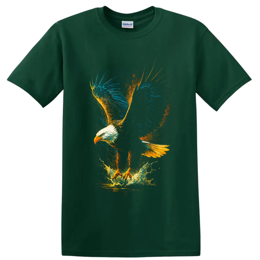 Soaring bald eagle wildlife art with blue wings, golden paint splashes, and water burst on a Forest Green T Shirt