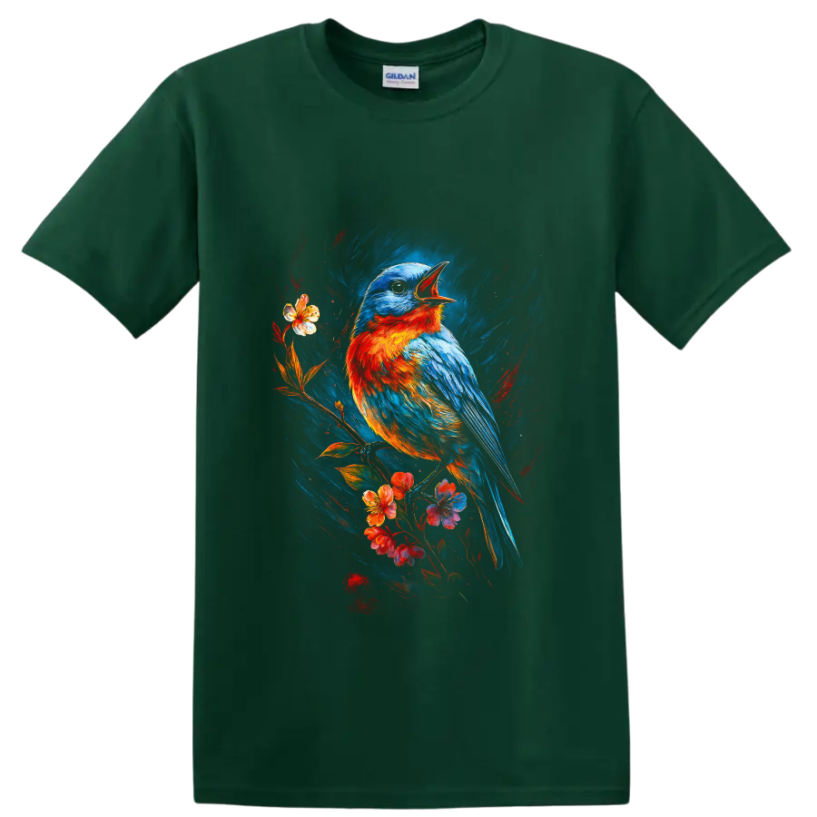 Eastern bluebird singing on a flowering branch in vivid painterly bird art on a Forest Green T Shirt