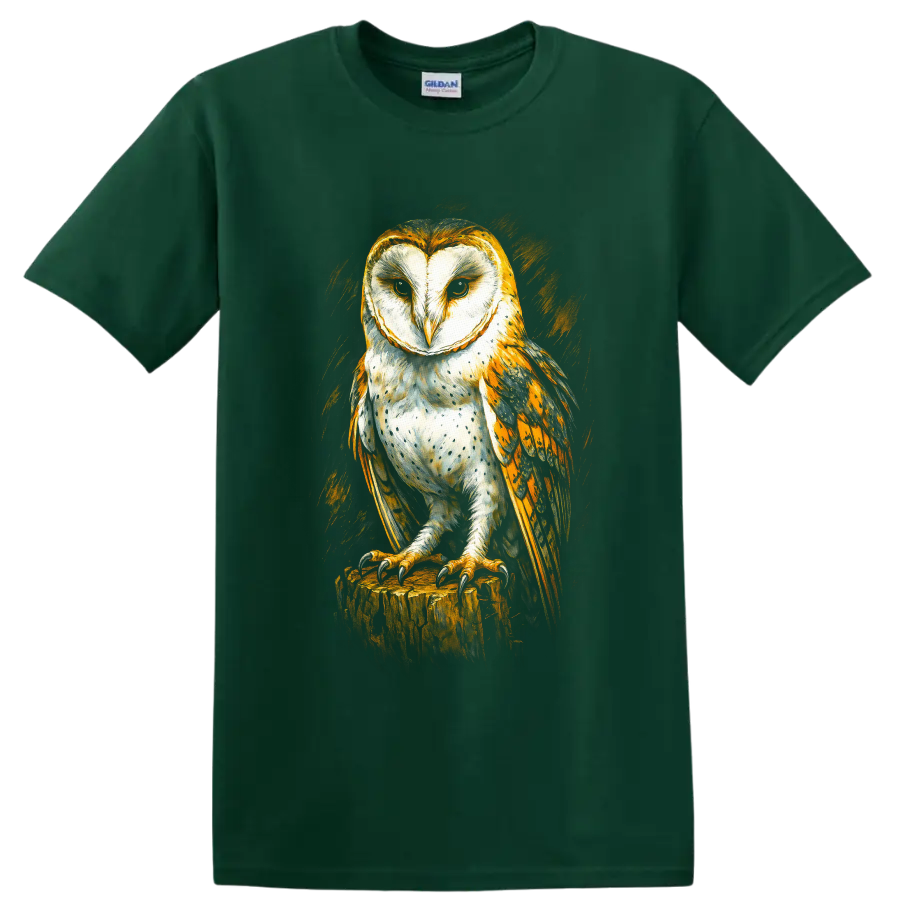 Realistic barn owl perched on a tree stump in dramatic golden painterly wildlife art on a Forest Green T Shirt