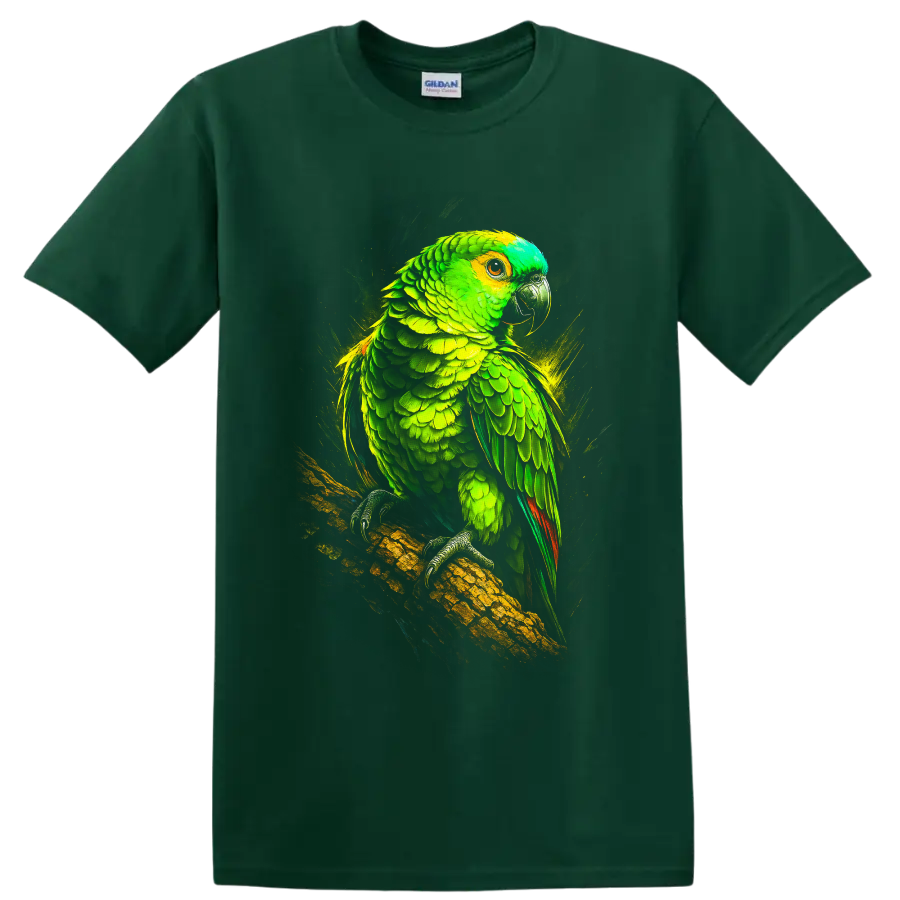 Dramatic neon-style Amazon parrot perched on a branch on a Forest Green T Shirt