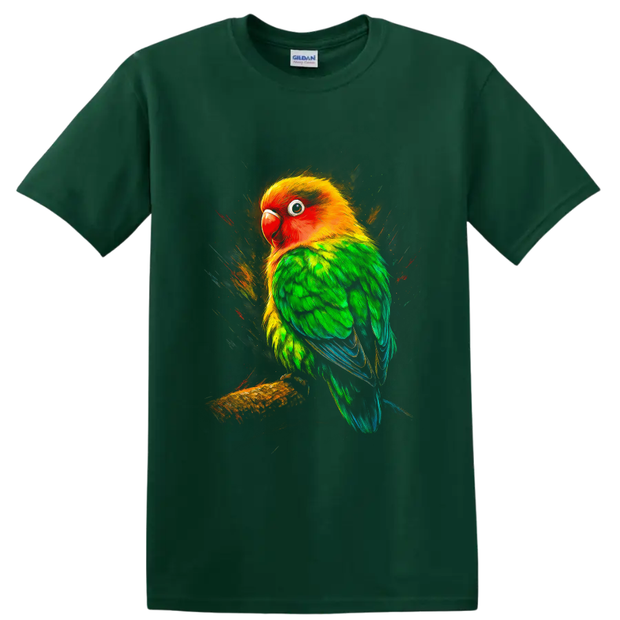 Vibrant sun conure parrot portrait on a branch with painterly tropical splashes on a Forest Green T Shirt