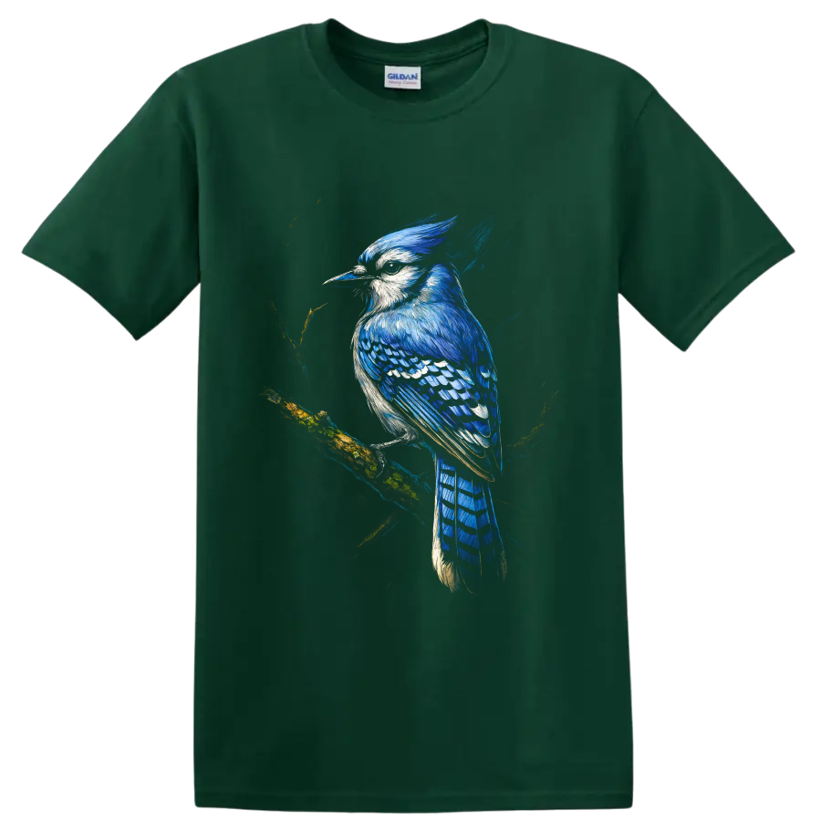 Painterly blue jay perched on a mossy branch with vivid blue feathers on a Forest Green T Shirt