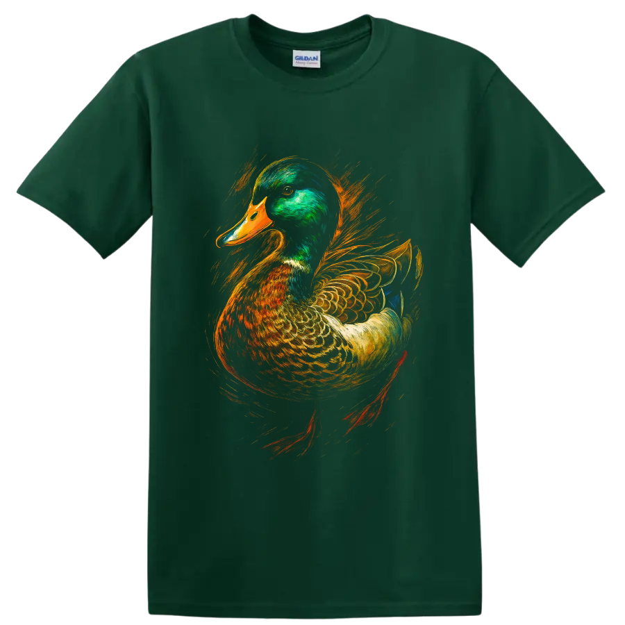 Realistic mallard drake portrait with vivid orange and gold painterly brushstrokes on a Forest Green T Shirt