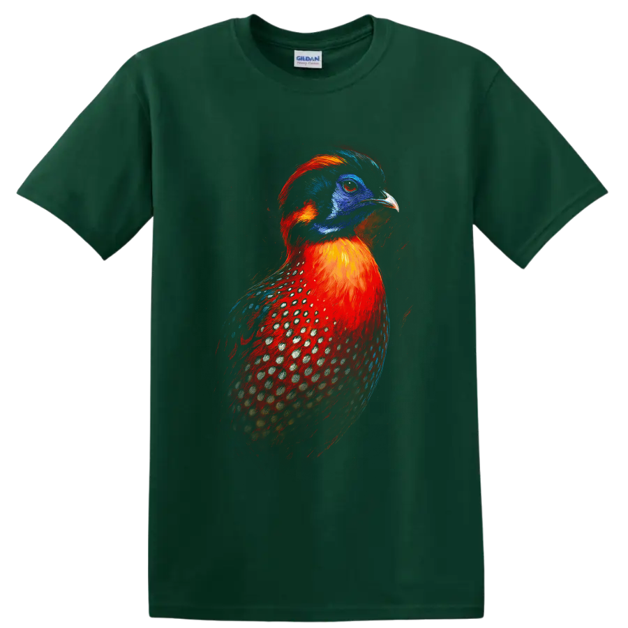 Vibrant painted Temminck's tragopan pheasant portrait with blue, red, and spotted plumage on a Forest Green T Shirt