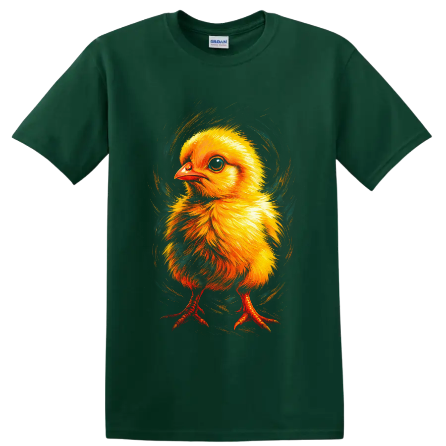 Colorful painted baby chick with yellow feathers and swirling teal brushwork on a Forest Green T Shirt