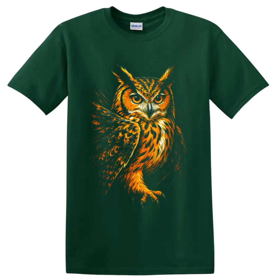 Fiery painterly Eurasian eagle-owl portrait with amber eyes and spread dark wings on a Forest Green T Shirt