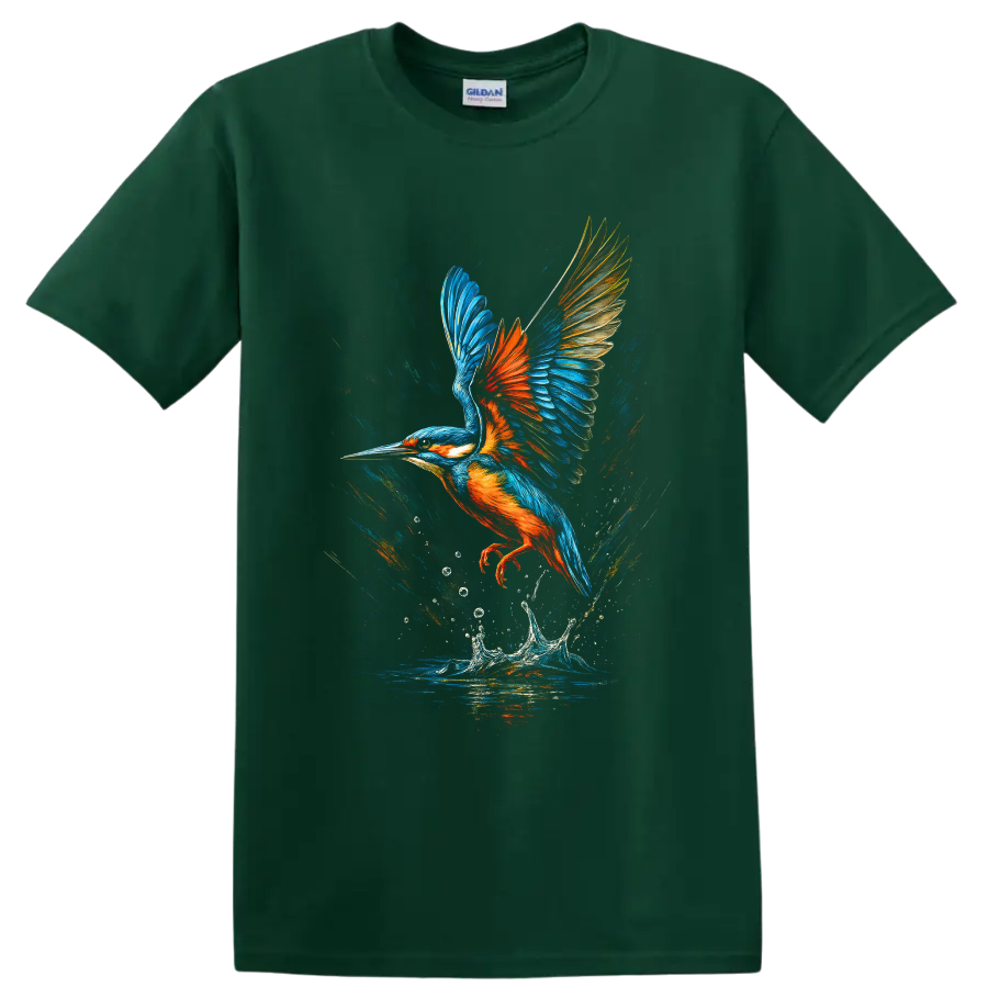 Colorful kingfisher in flight above a water splash in painterly wildlife art on a Forest Green T Shirt