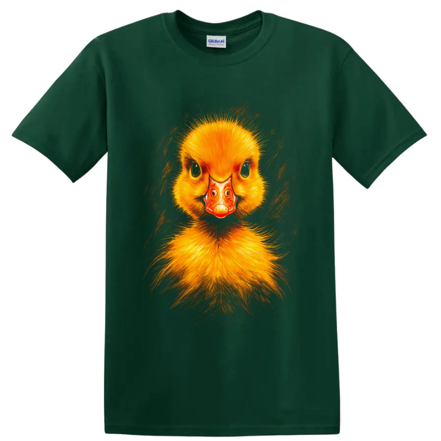 Modern realistic yellow duckling portrait with orange bill and painterly brush strokes on a Forest Green T Shirt
