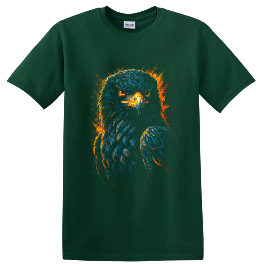 Fierce bald eagle portrait in blue and orange fiery paint-splash art on a Forest Green T Shirt