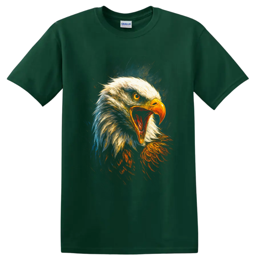 Roaring bald eagle portrait in vivid painterly gold, orange, blue, and dark tones on a Forest Green T Shirt