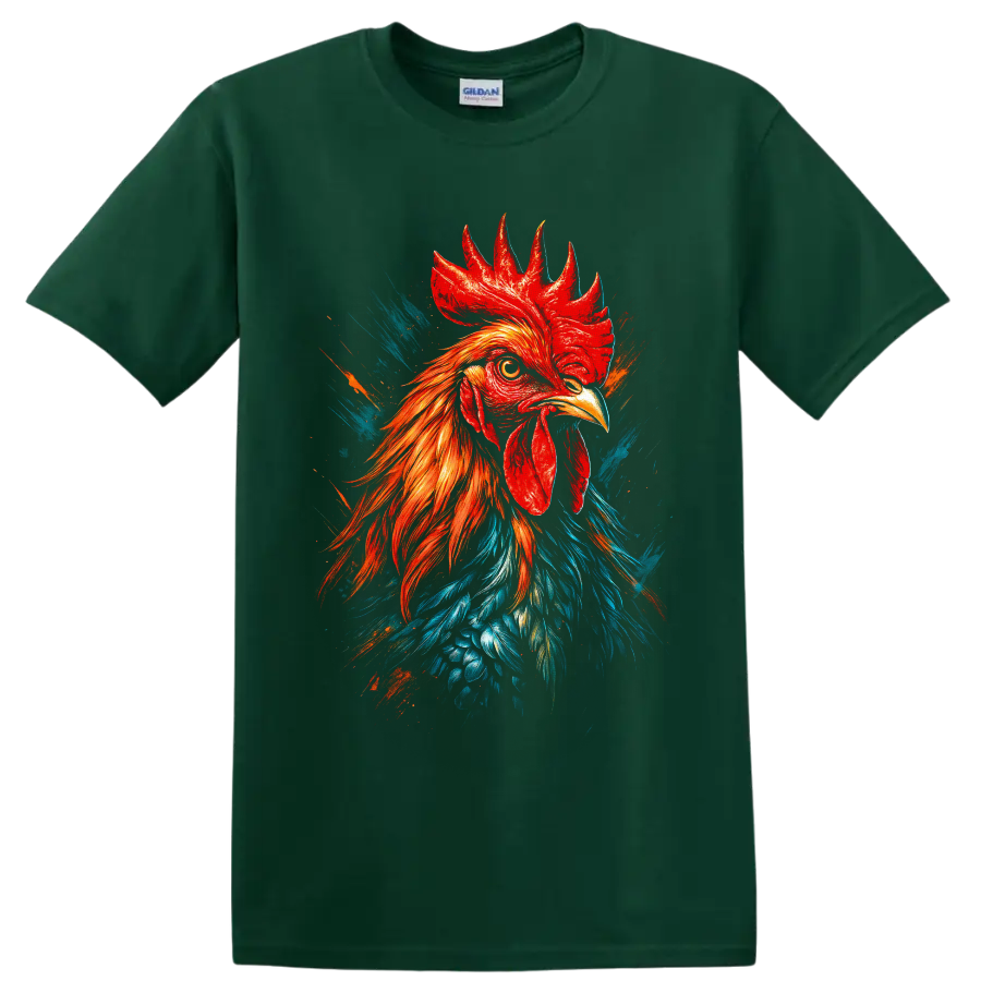 Realistic rooster portrait with red, orange, and blue paint-splash graphic art on a Forest Green T Shirt
