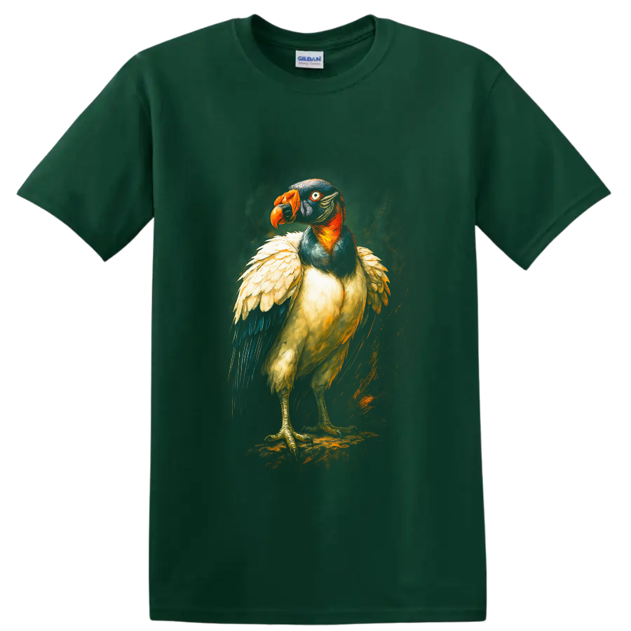 Painterly king vulture portrait with orange beak, colorful head, and layered feathers on a Forest Green T Shirt