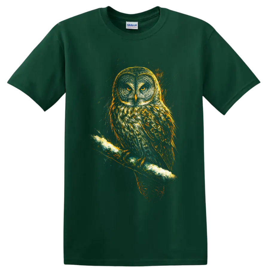 Realistic owl with amber eyes perched on a branch in dramatic nighttime wildlife art on a Forest Green T Shirt