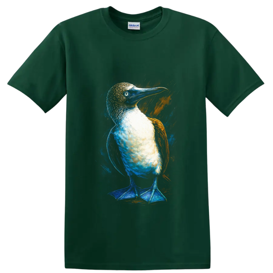 Blue-footed booby portrait in vivid blue and orange modern paint-splash style on a Forest Green T Shirt
