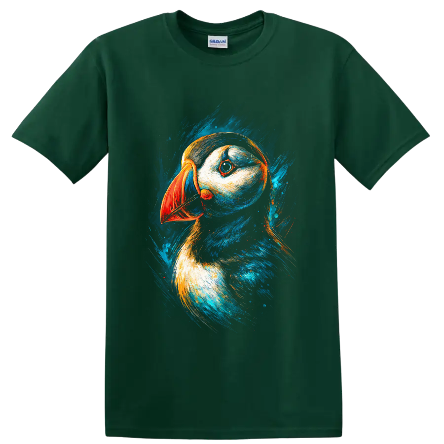 Modern puffin portrait with orange beak and vivid blue painterly brushstrokes on a Forest Green T Shirt