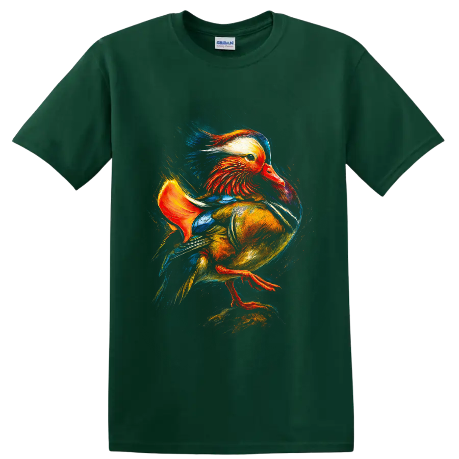Colorful painterly Mandarin duck wildlife graphic with vivid sweeping feathers on a Forest Green T Shirt
