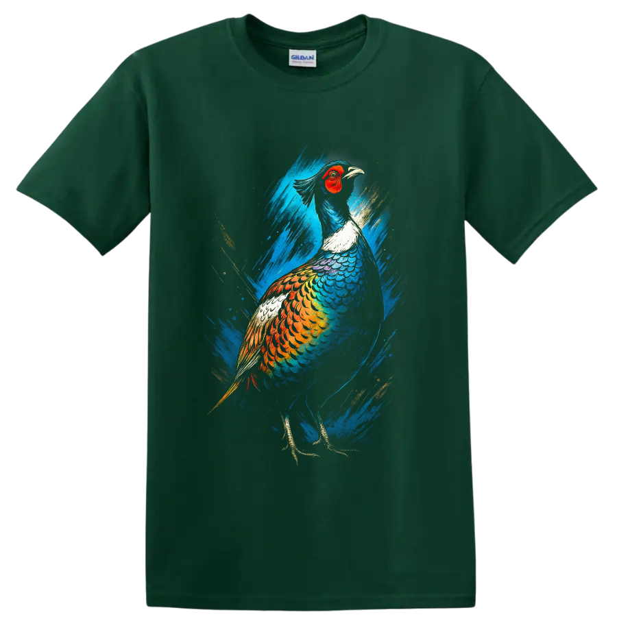 Colorful pheasant in modern blue and gold brushstroke wildlife art on a Forest Green T Shirt