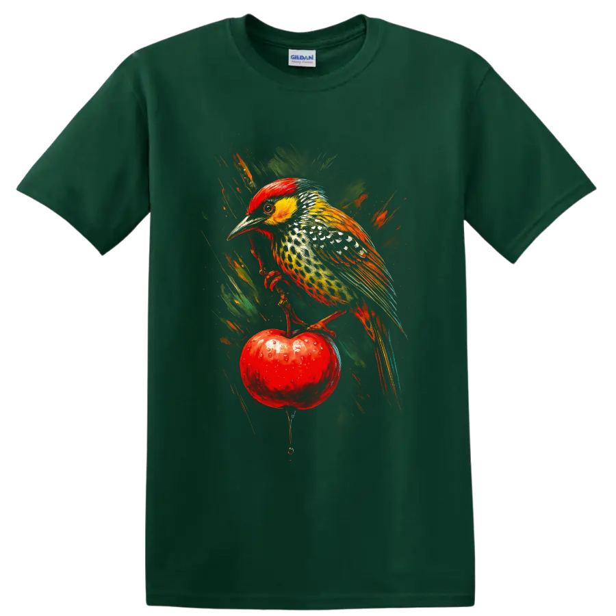 Coppersmith barbet perched on a red apple in vivid painterly wildlife art on a Forest Green T Shirt