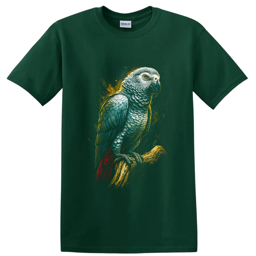Modern realistic African grey parrot perched on a branch with golden paint splashes on a Forest Green T Shirt