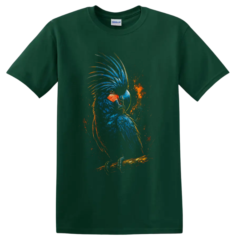 Blue Macaw parrot perched on a branch in dramatic blue and orange painterly wildlife art on a Forest Green T Shirt