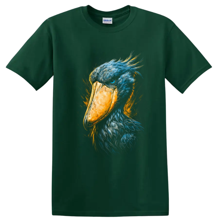 Shoebill stork portrait in blue feathers with a golden bill and painterly orange accents on a Forest Green T Shirt