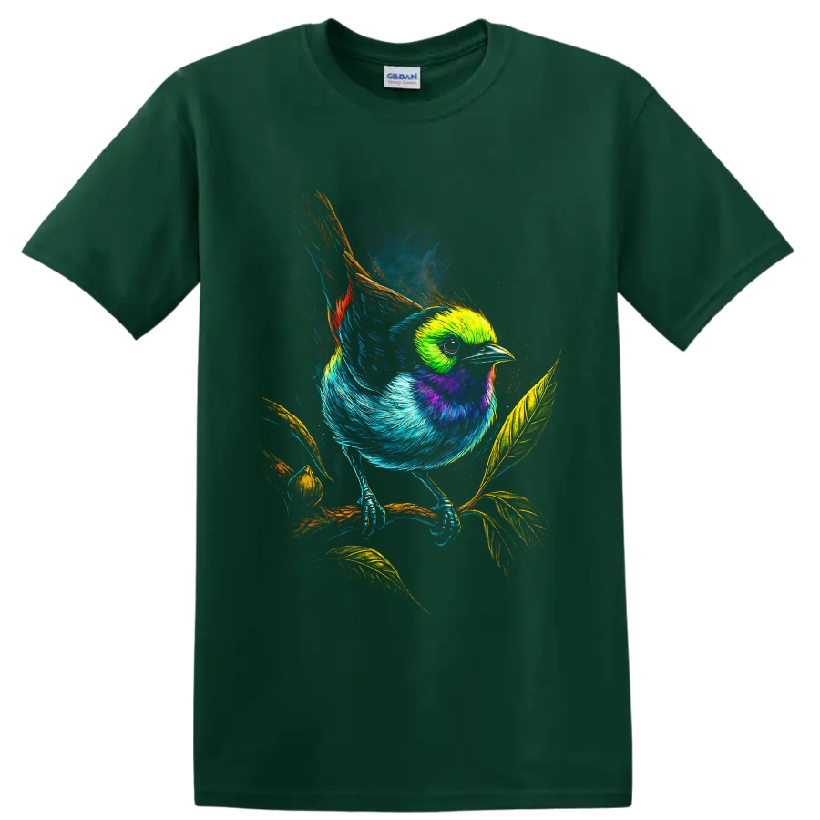 Vibrant painted bunting illustration perched on a leafy branch in neon wildlife art on a Forest Green T Shirt