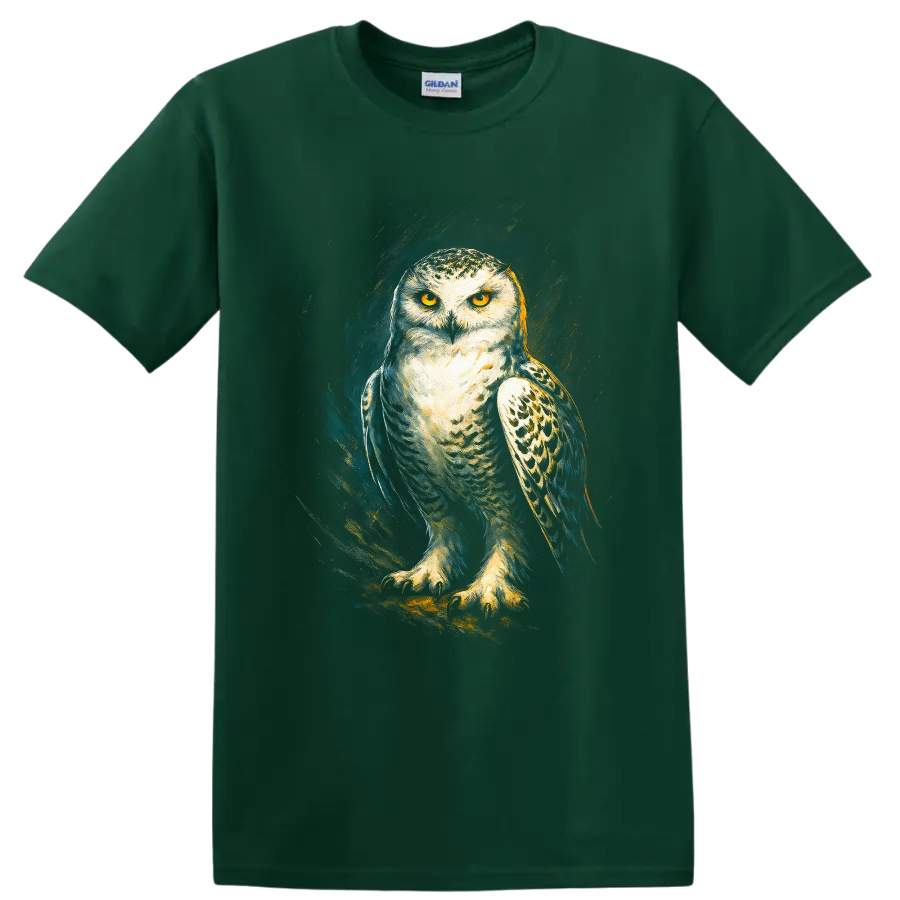 Snowy owl with golden eyes in dramatic teal and gold painterly wildlife art on a Forest Green T Shirt