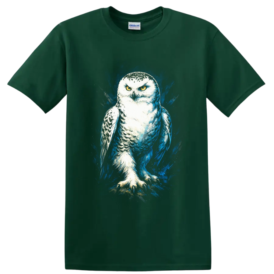 Snowy owl with golden eyes in dramatic blue paint splash wildlife art on a Forest Green T Shirt