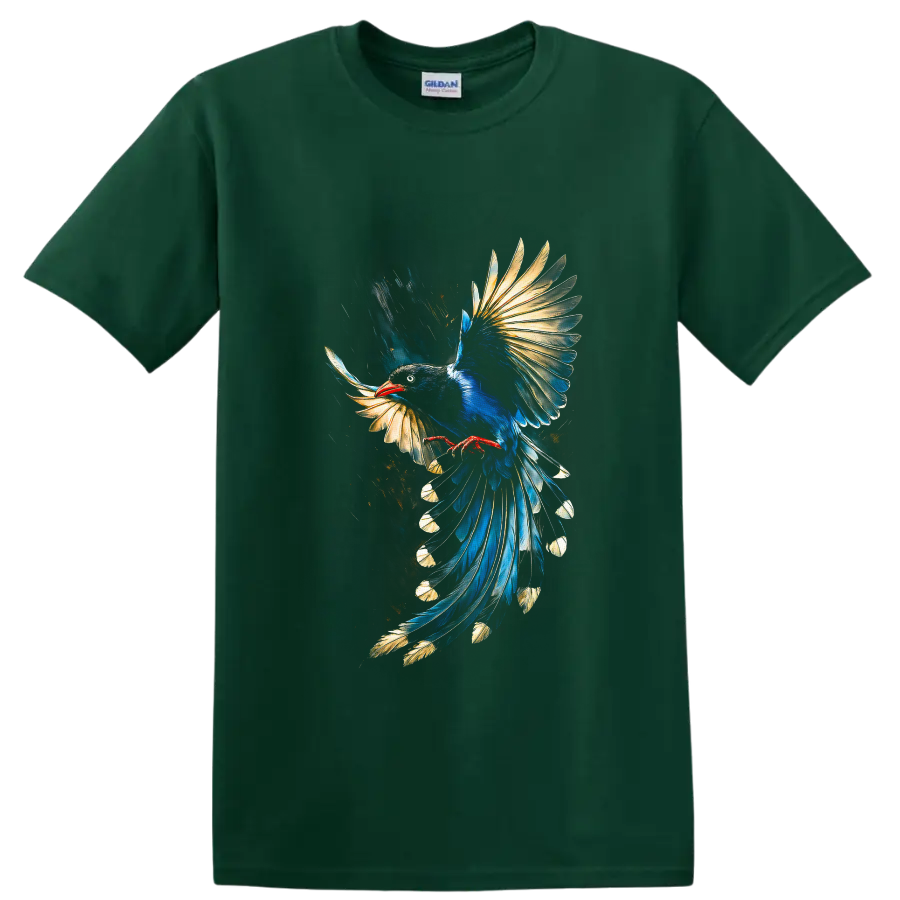 Blue magpie in flight with gold-tipped feathers and painterly brushstroke art on a Forest Green T Shirt