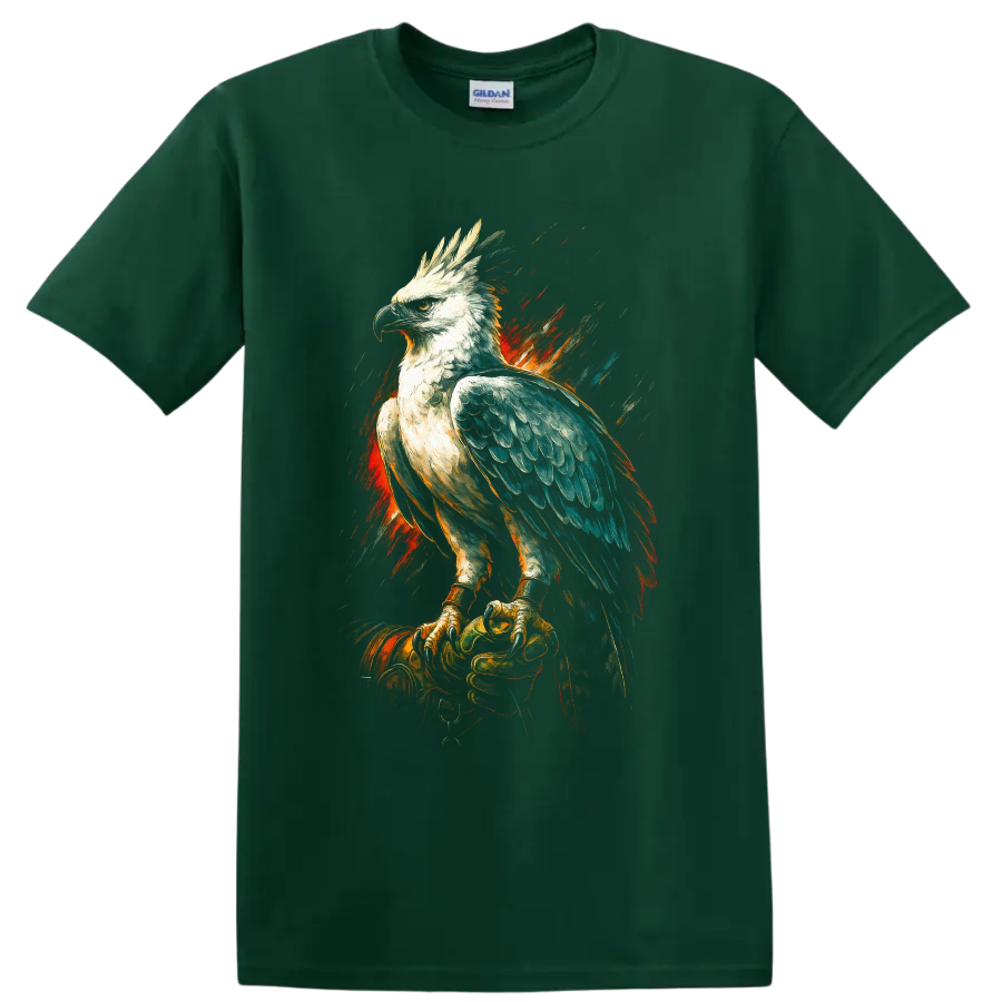 Harpy eagle on a gloved hand in dramatic fiery painterly wildlife art on a Forest Green T Shirt