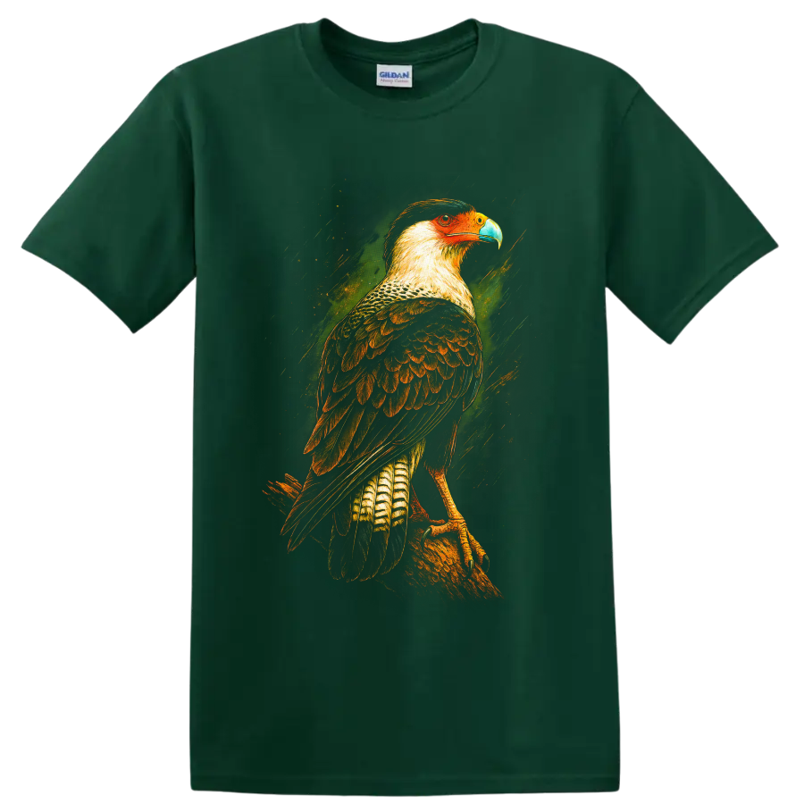 Crested caracara raptor in colorful painted wildlife art perched on a branch on a Forest Green T Shirt