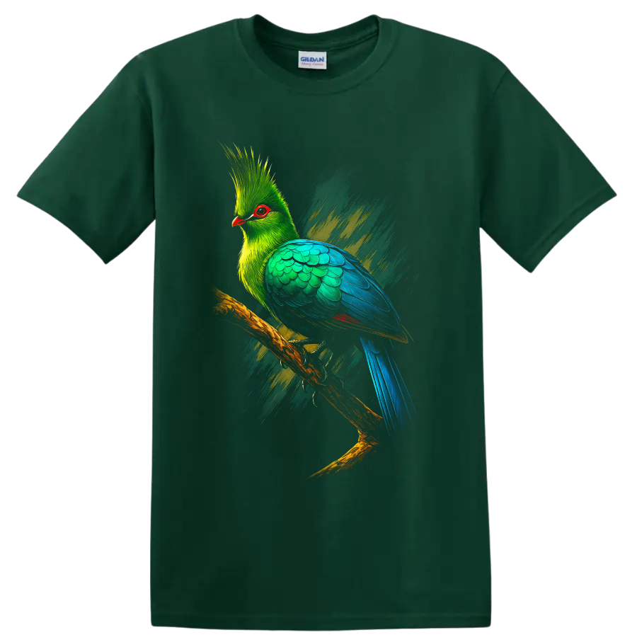 Great Blue Turaco in vibrant modern brushstroke bird art perched on a branch on a Forest Green T Shirt