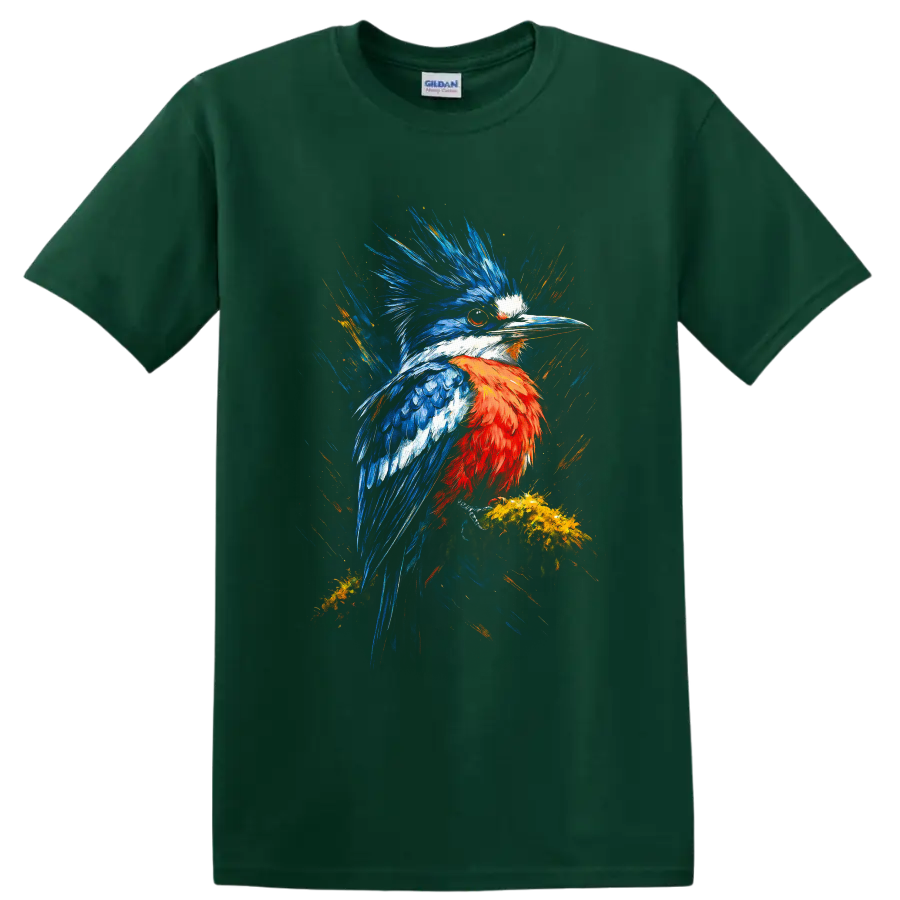 Crested Kingfisher in vivid blue and orange painterly wildlife art on a Forest Green T Shirt