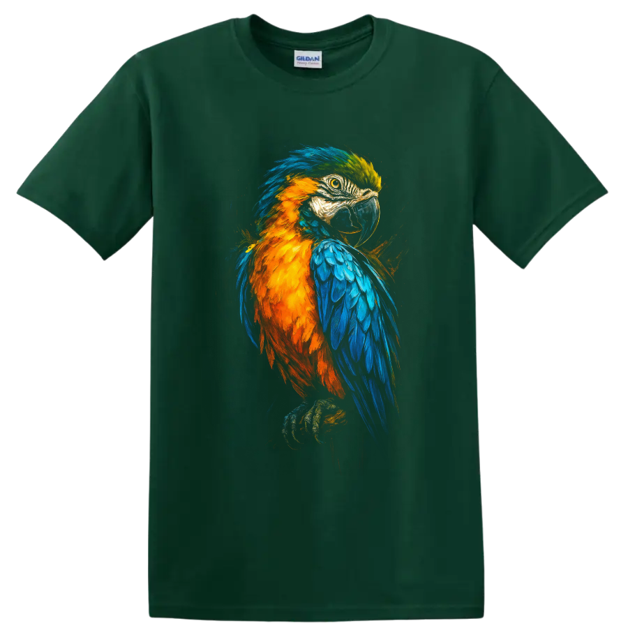 Colorful painterly macaw parrot portrait with blue and orange feathers on a Forest Green T Shirt