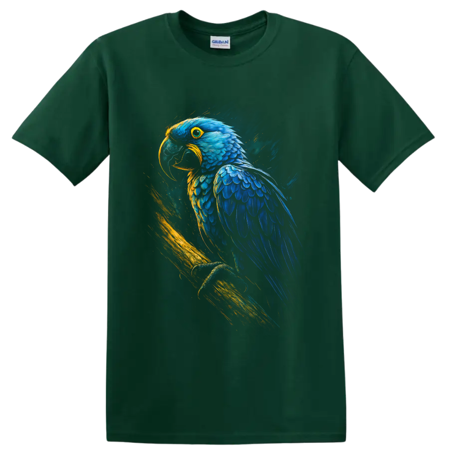 Blue macaw parrot portrait in vivid blue and gold painterly tropical art on a Forest Green T Shirt
