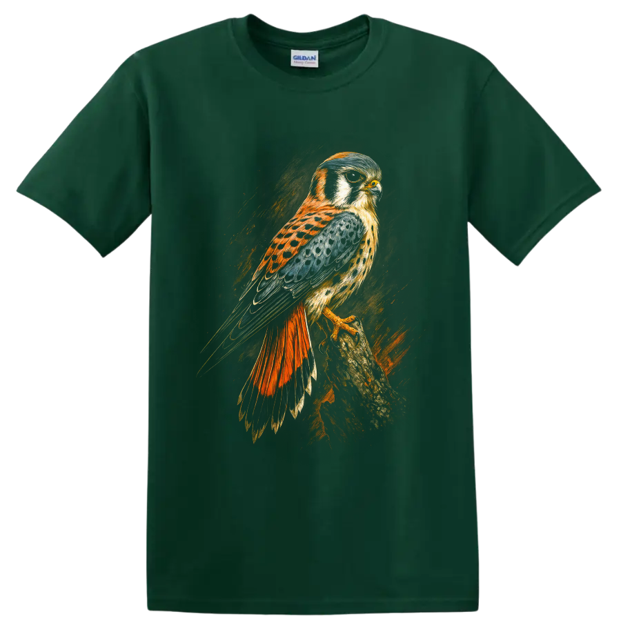 American kestrel falcon perched on a branch in dramatic textured wildlife art on a Forest Green T Shirt