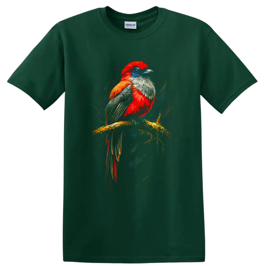 Vibrant trogon perched on a mossy branch in expressive painted wildlife art on a Forest Green T Shirt