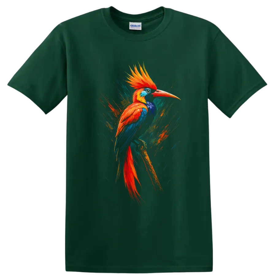 Vibrant painterly hornbill bird with orange crest and blue wings on a branch on a Forest Green T Shirt