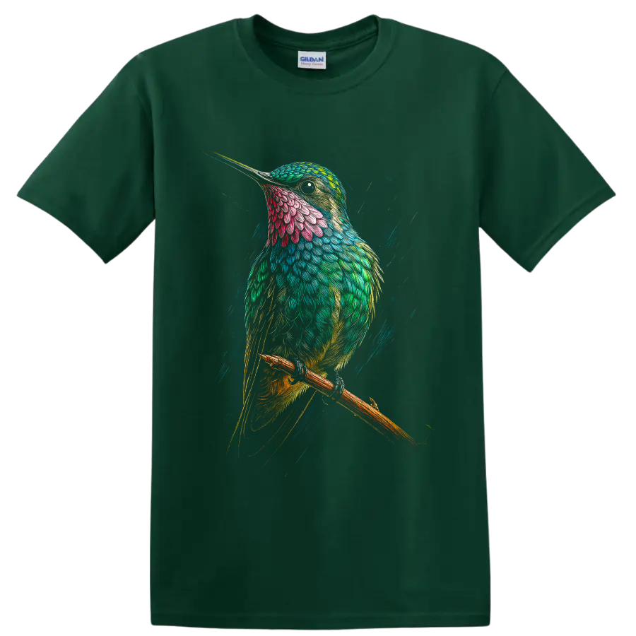 Colorful hummingbird perched on a branch in modern detailed feather art on a Forest Green T Shirt