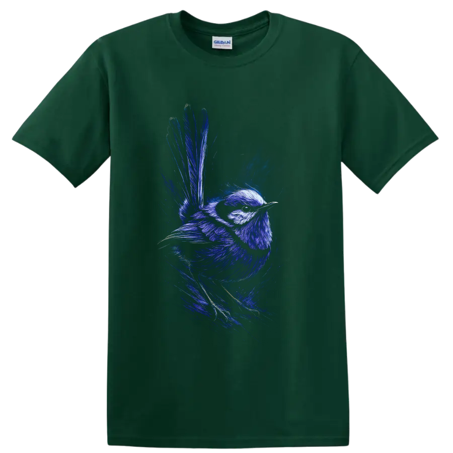 Superb fairywren in vivid blue dynamic wildlife sketch art with raised tail on a Forest Green T Shirt