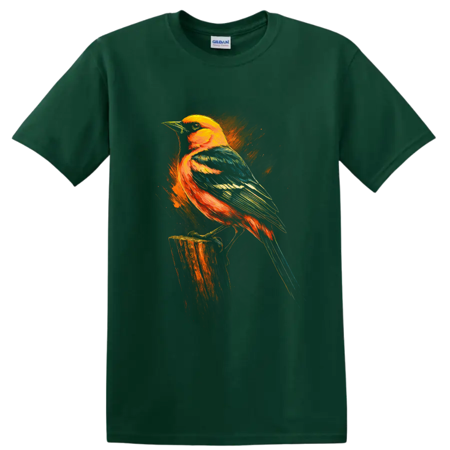 Baltimore oriole perched on a stump in vivid orange, teal, and blue painterly art on a Forest Green T Shirt
